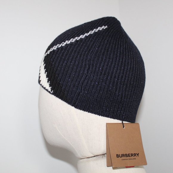NWT Burberry Chevron Dark Charcoal Blue Knit Beanie Cap Hat O/S 54 61 c… - Picture 7 of 7